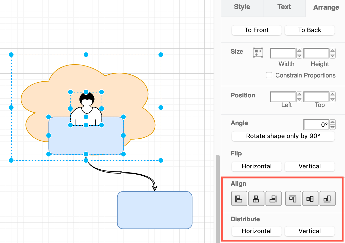 Use the Align and Distribute tools on the Arrange tab to reposition multiple selected shapes with respect to each other