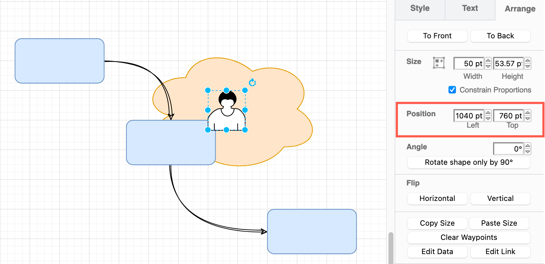 Select a shape, then enter a new exact position to move it on the drawing canvas