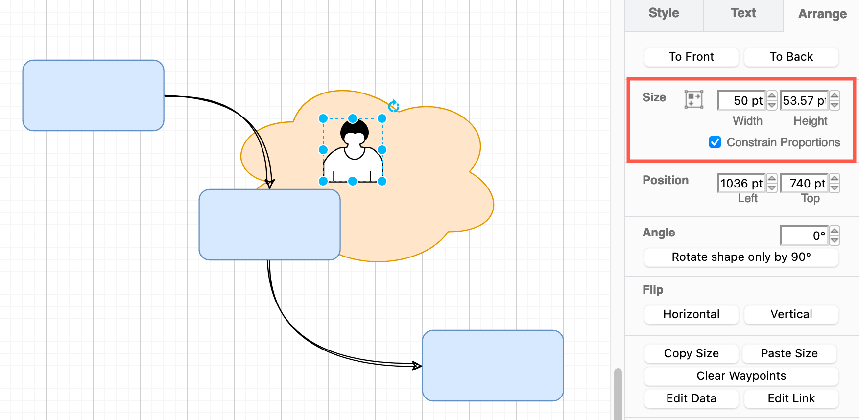 Select a shape, then enter a new size in the text fields to precisely resize it