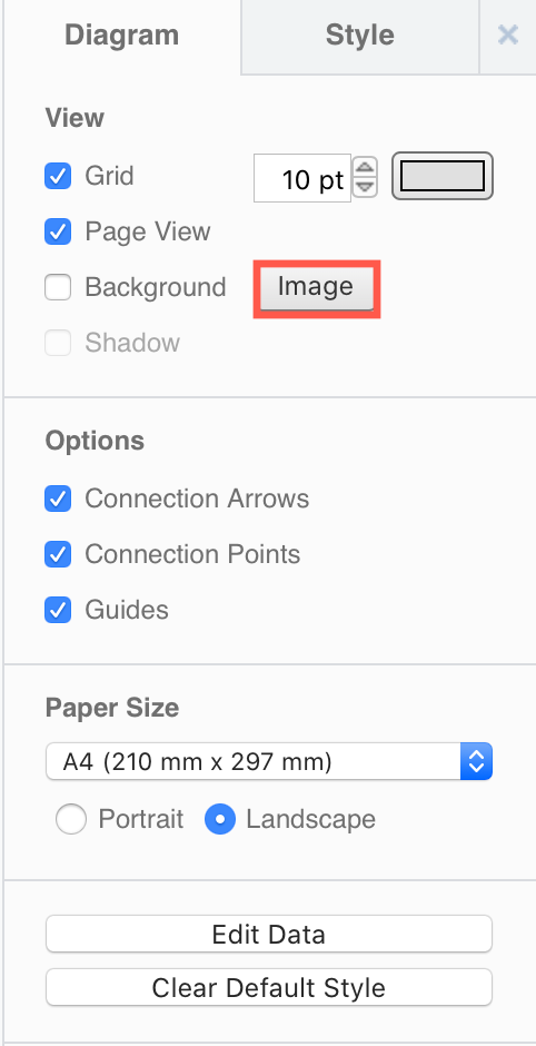 Click on Image in the format to open the background image dialog