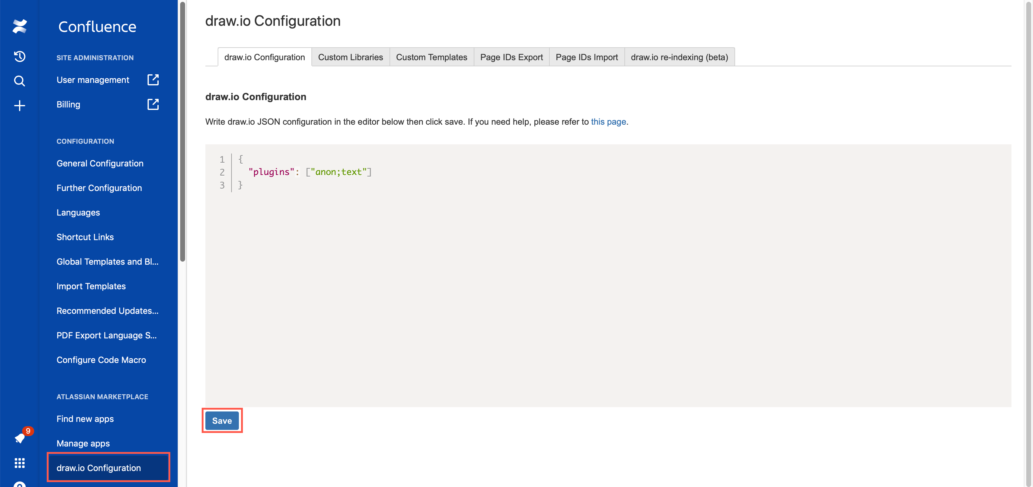 Add the list of plugins to the draw.io Configuration in your Confluence Settings