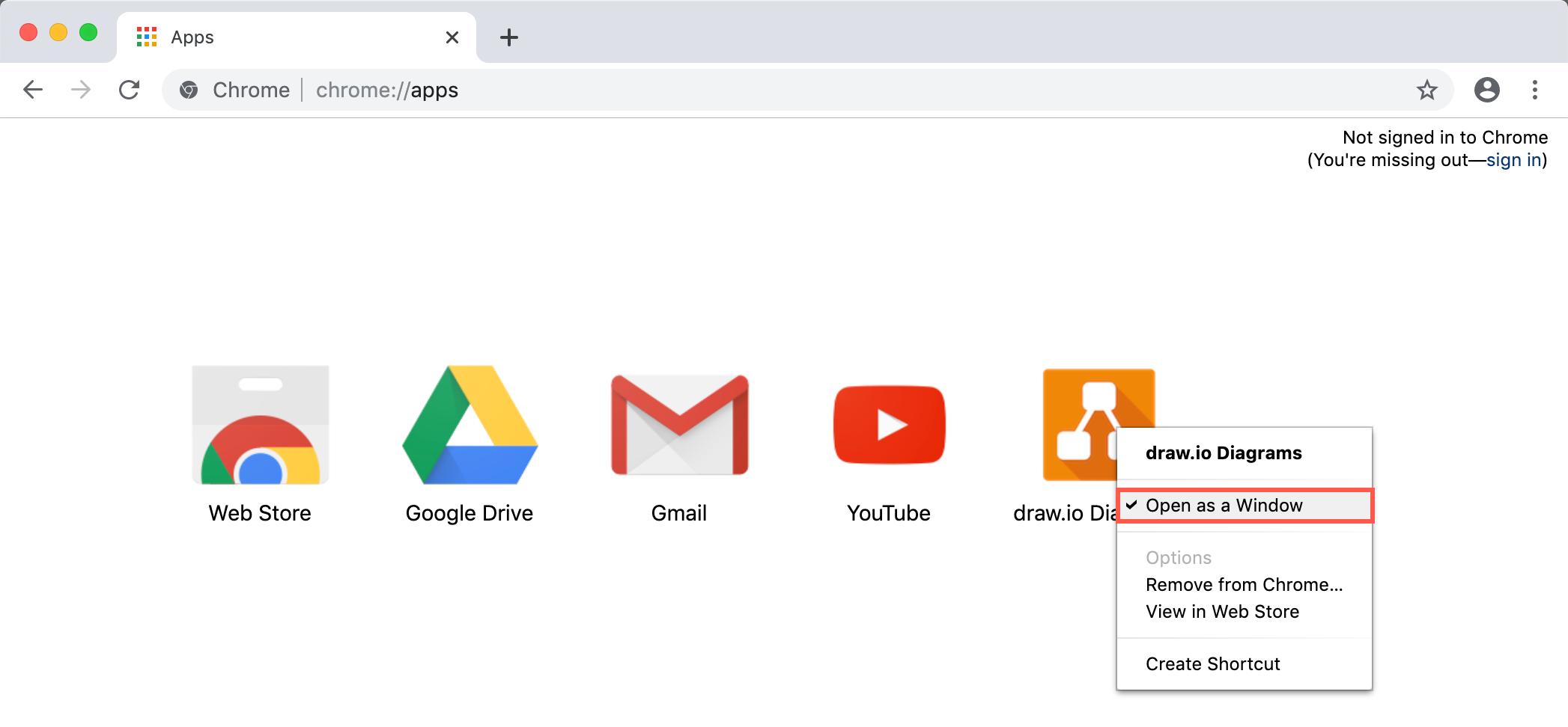 Make the diagrams.net Chrome app run without the Chrome search field