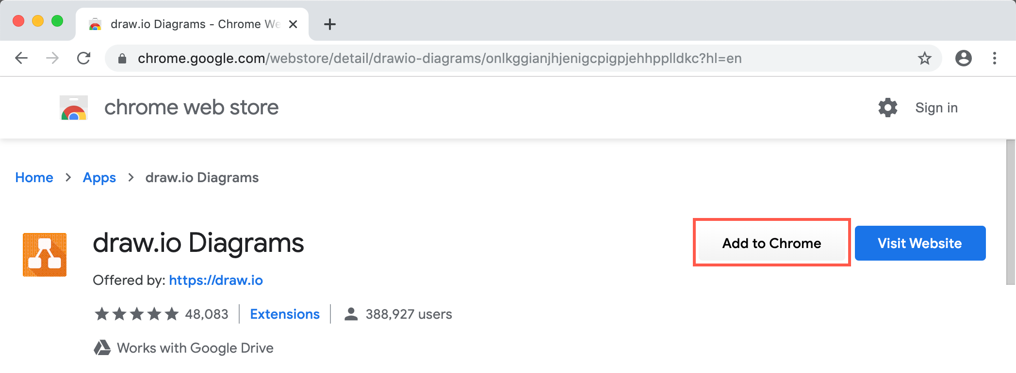 The diagrams.net Chrome app on the Chrome web store