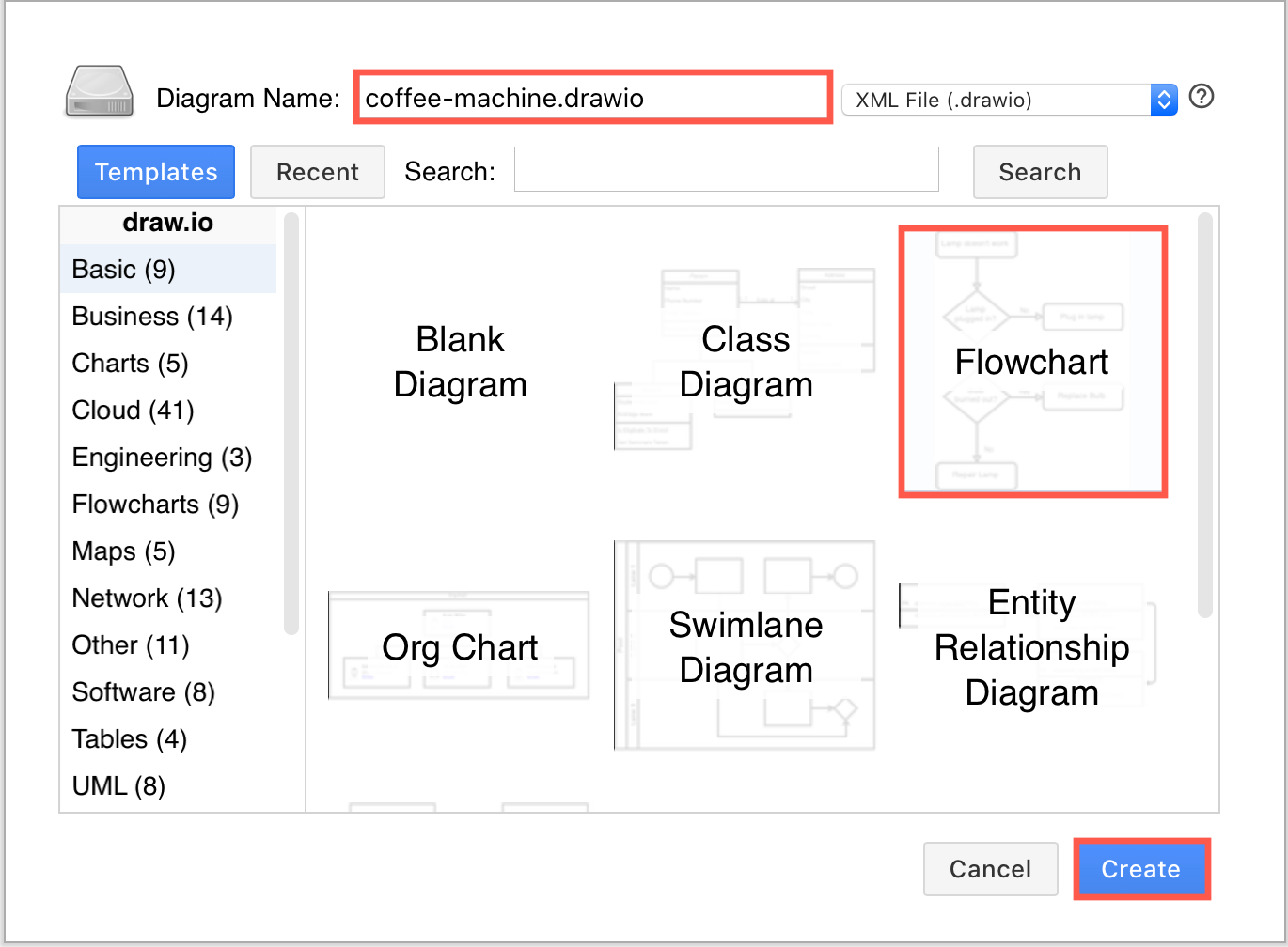 Select a template diagram, then click Create to insert a diagram into Confluence Cloud