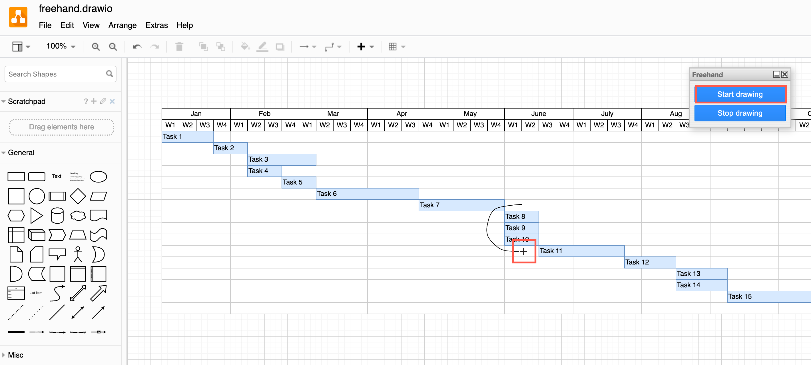 Click on Start drawing then click and draw on the drawing canvas to add a freehand shape