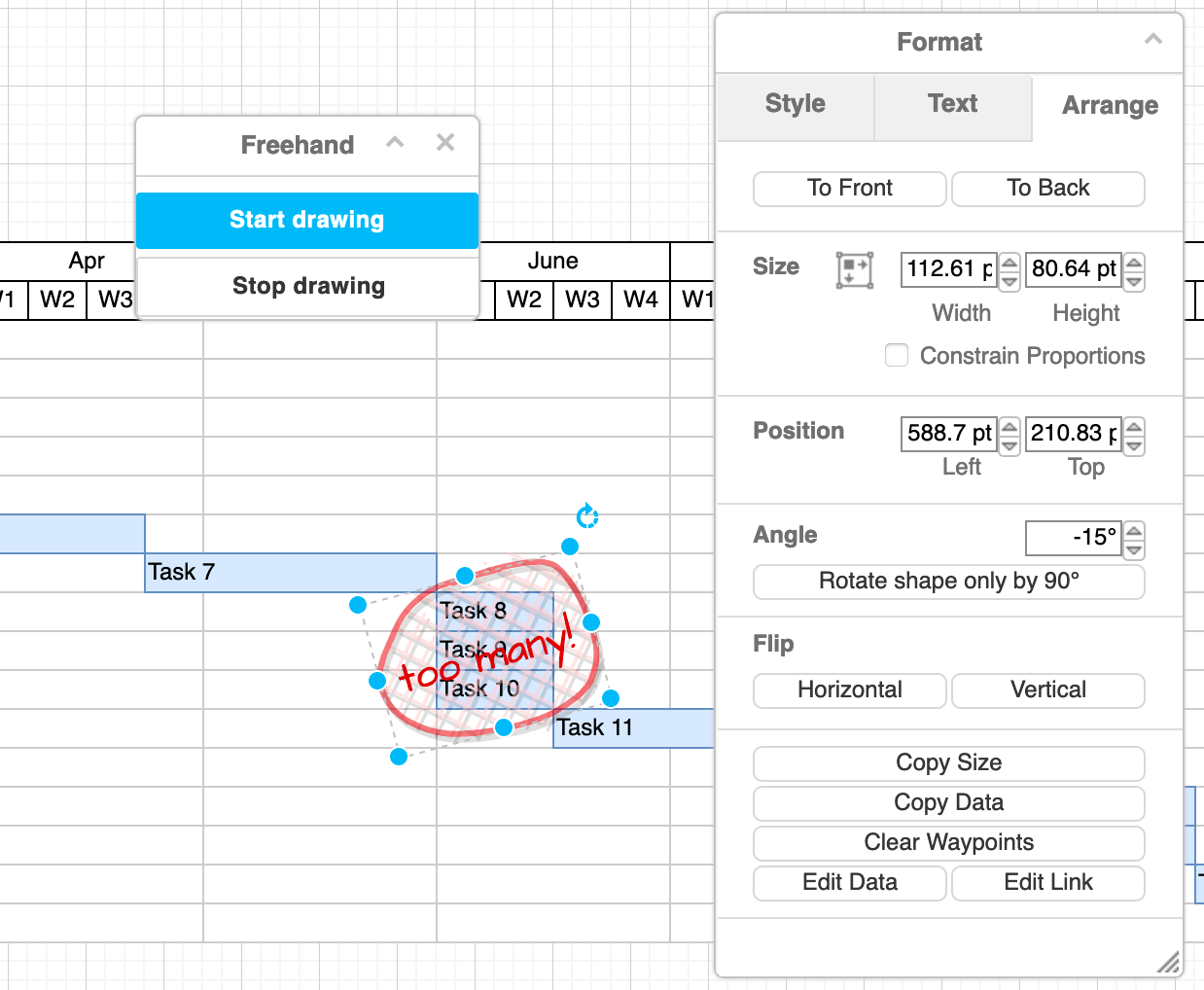 Use the Arrange tab in the format panel to resize, rotate, and reposition the freehand shape