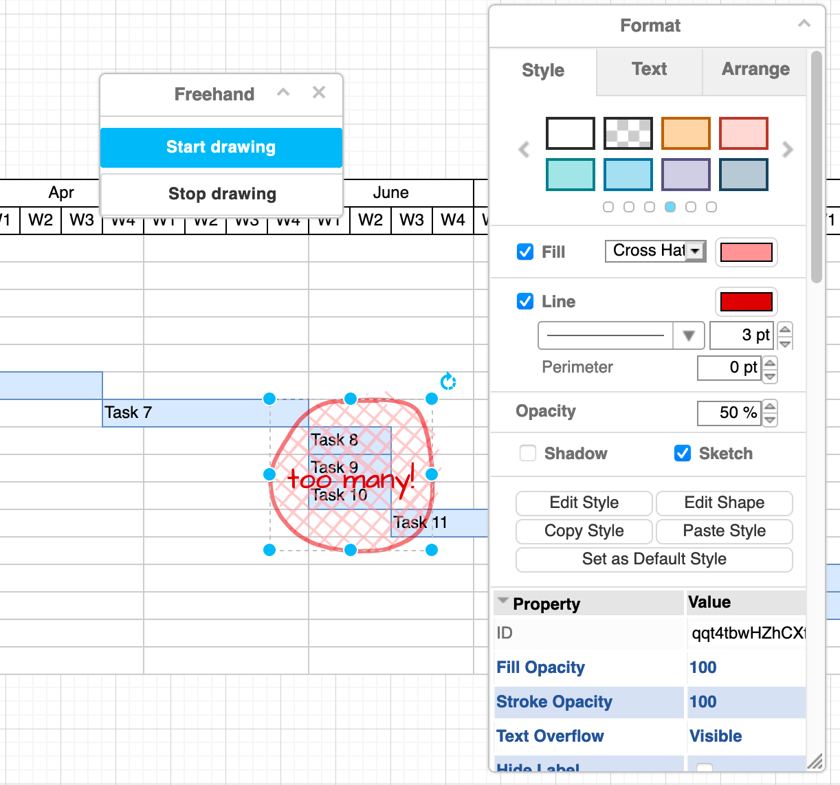 Use the Style tab in the format panel to change the style of your freehand shape