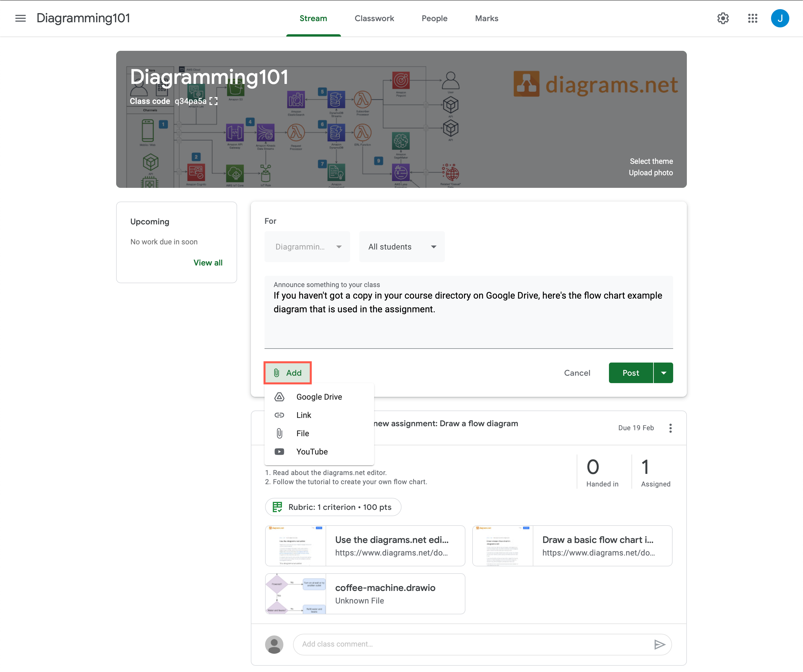 Attach a diagram file to an announcment in Google Classroom
