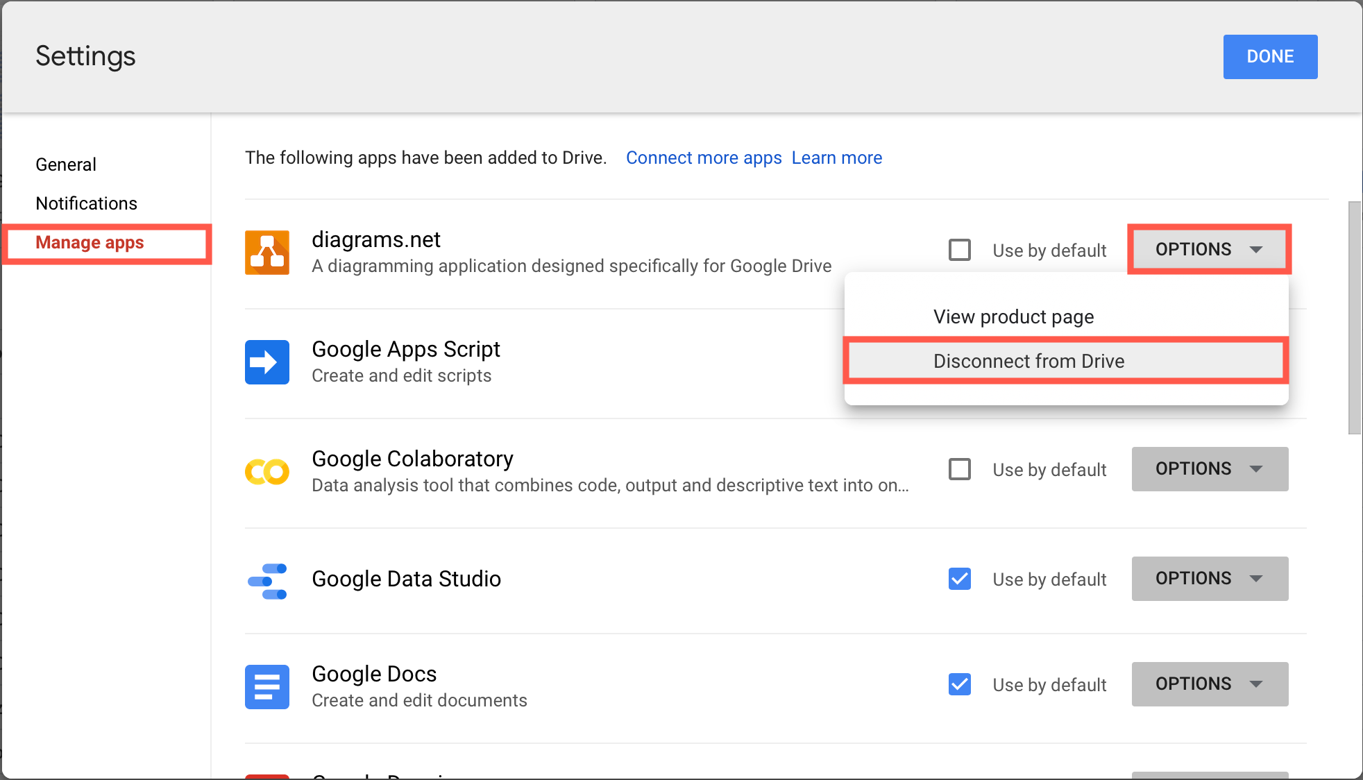 Disconnect diagrams.net from Google Drive