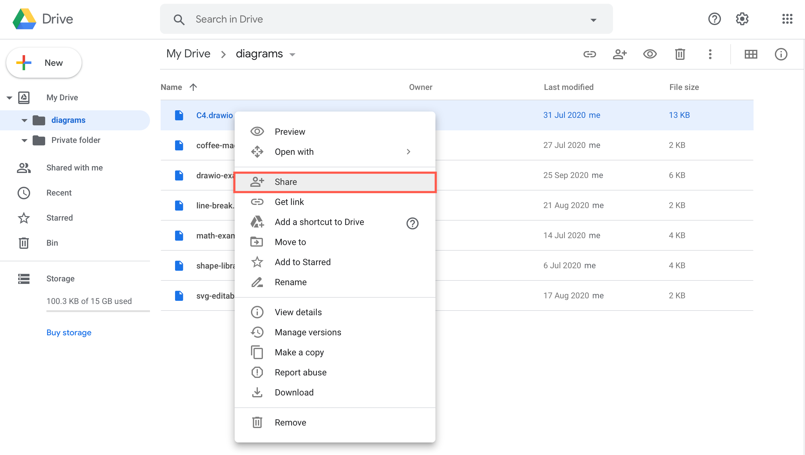 Select Share in the right-click context menu to share a file with the diagrams.net support team