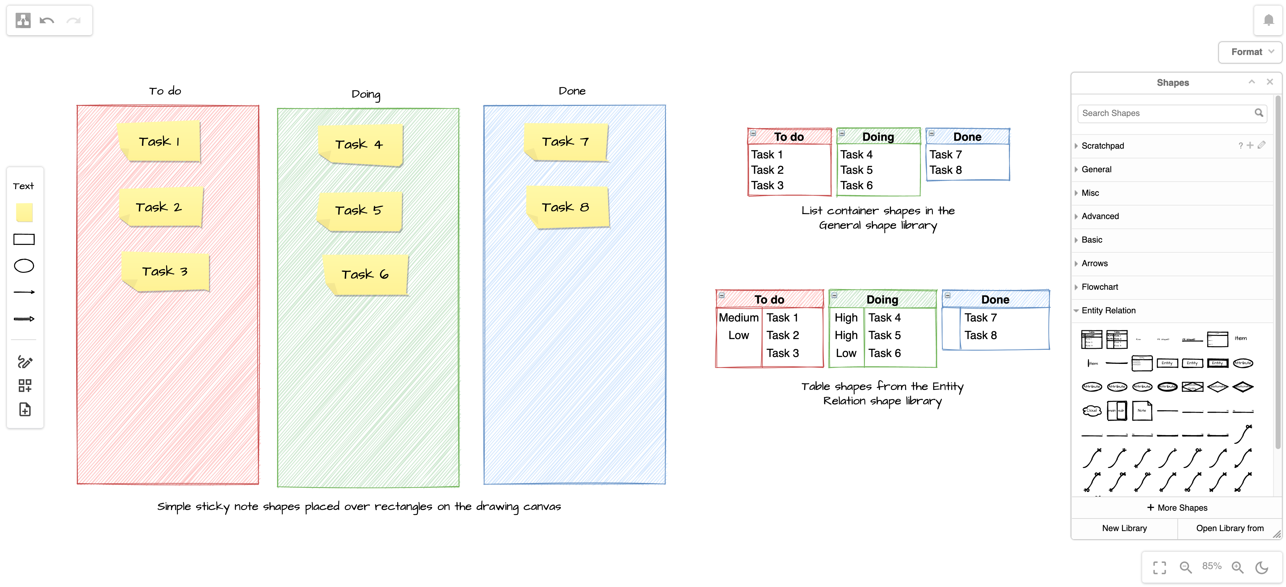 Create your kanban board in diagrams.net using simple shapes, lists, entity tables or the simple kanban template