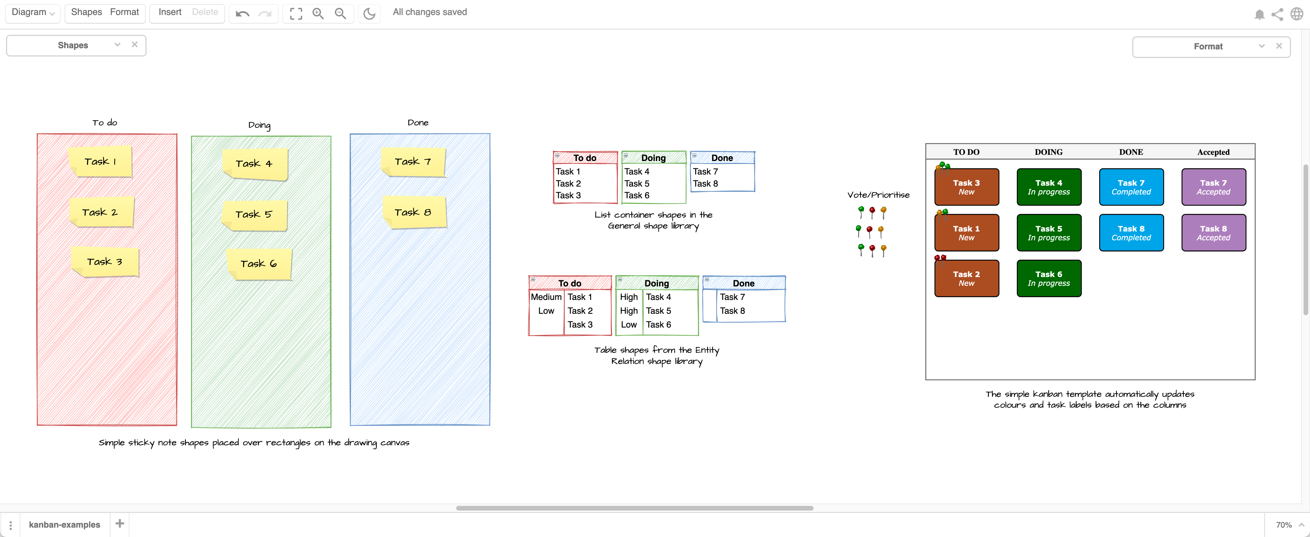 Use the minimal or sketch UI themes in diagrams.net to make your remote kanban board feel more like a whiteboard