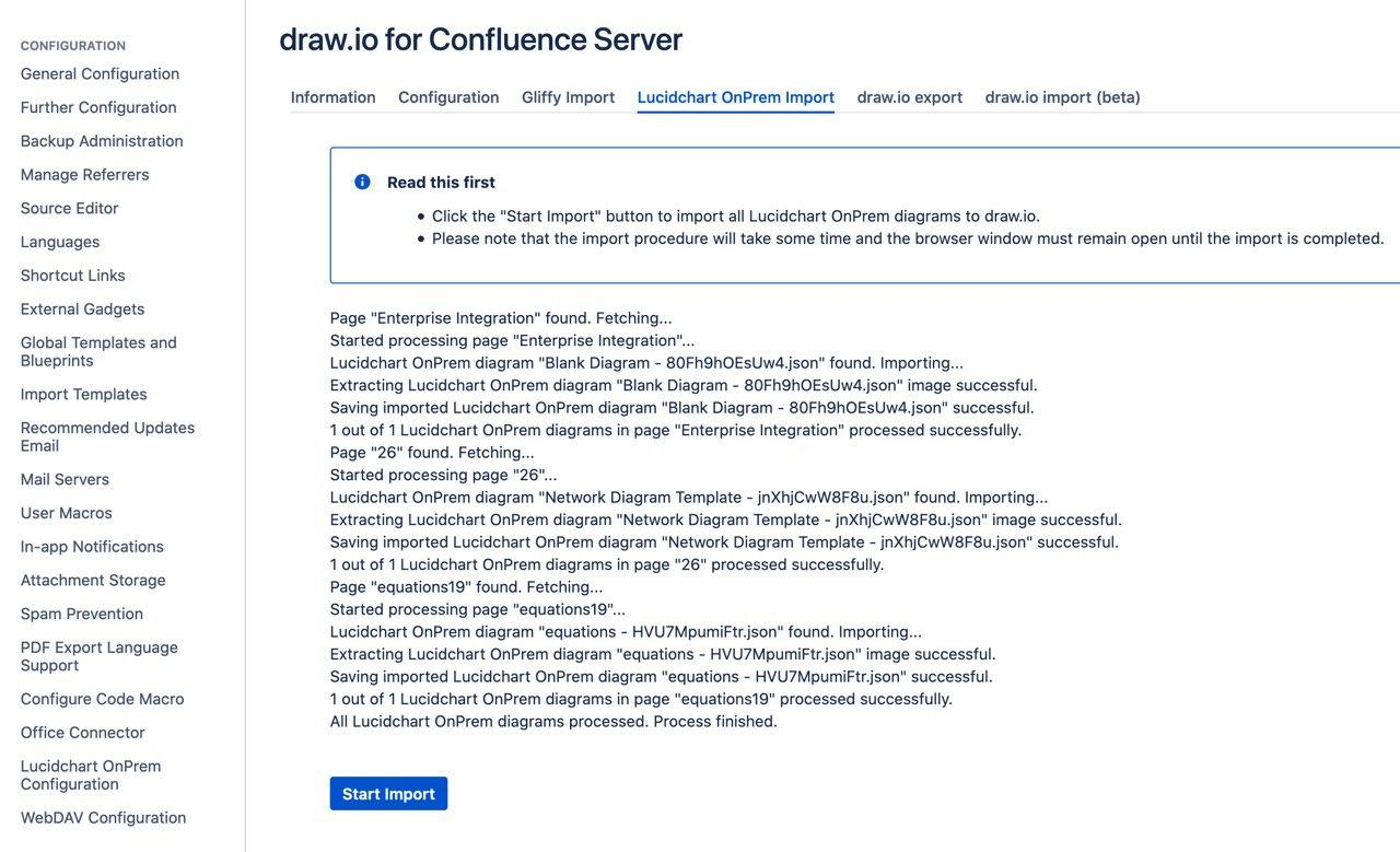 Check the import report after the Lucidchart OnPrem mass import to draw.io in Confluence Server finished