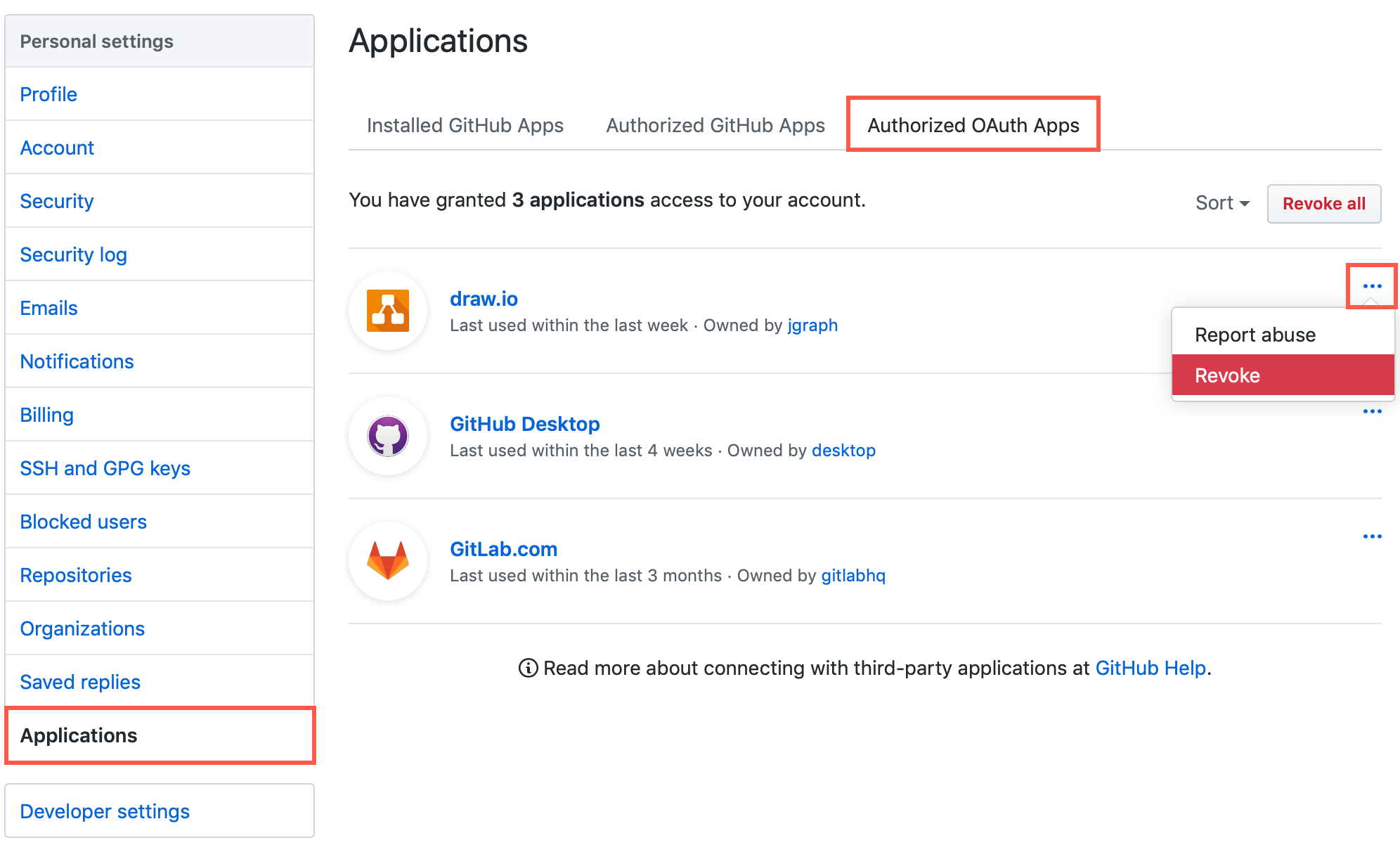 Revoke access to your account and repositories from within your Github user settings