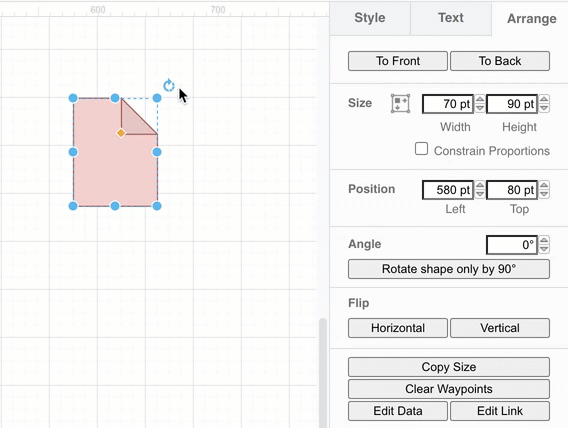 Rotate a shape using the rotate grab handle, or via the options in the Arrange tab on the format panel