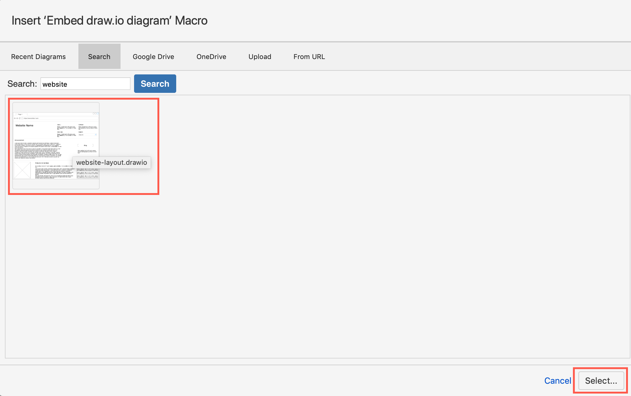 Search for and select the diagram you want to embed in a Confluence Cloud page