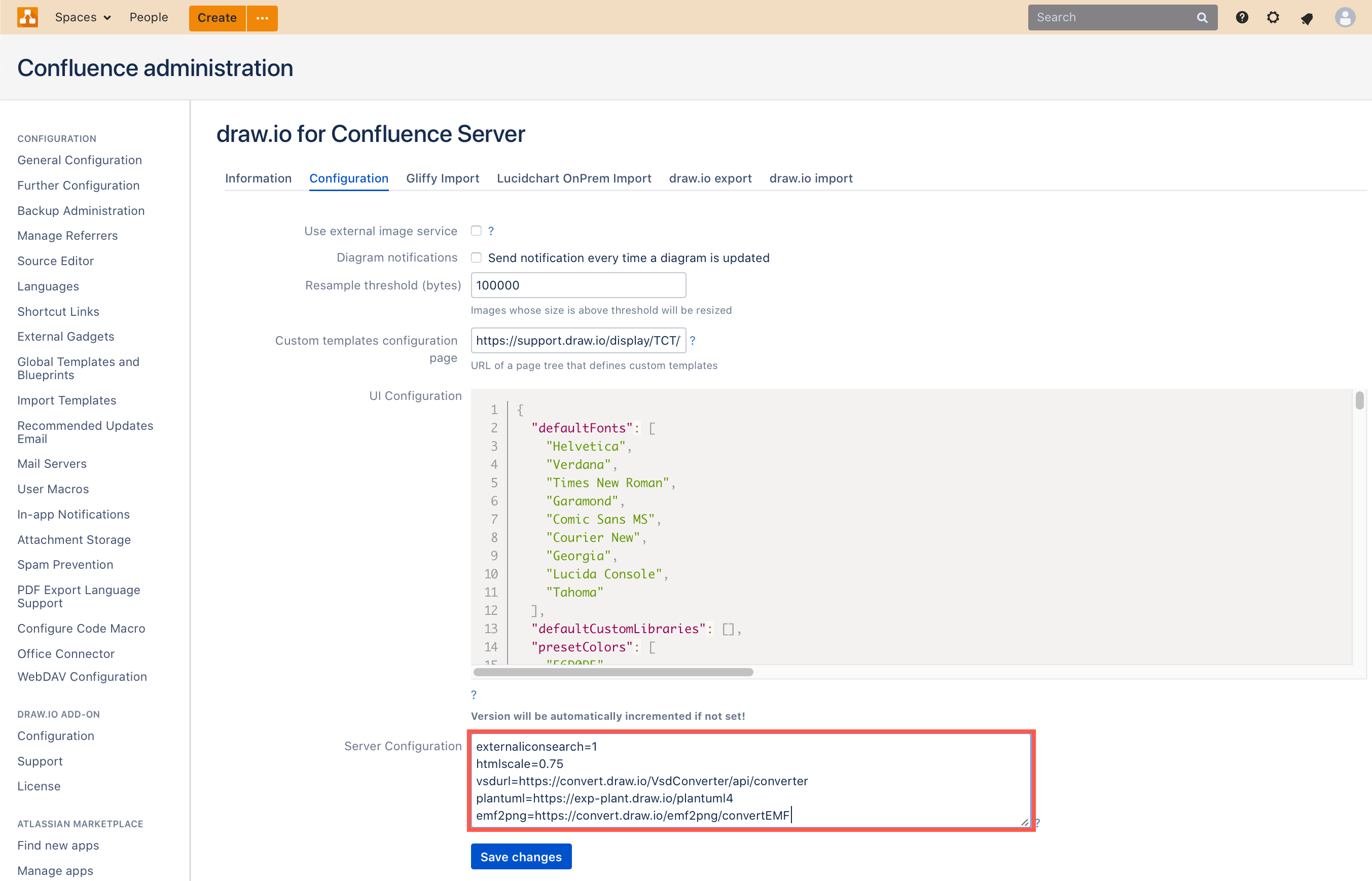 Configure the Server Settings for draw.io in Confluence Server