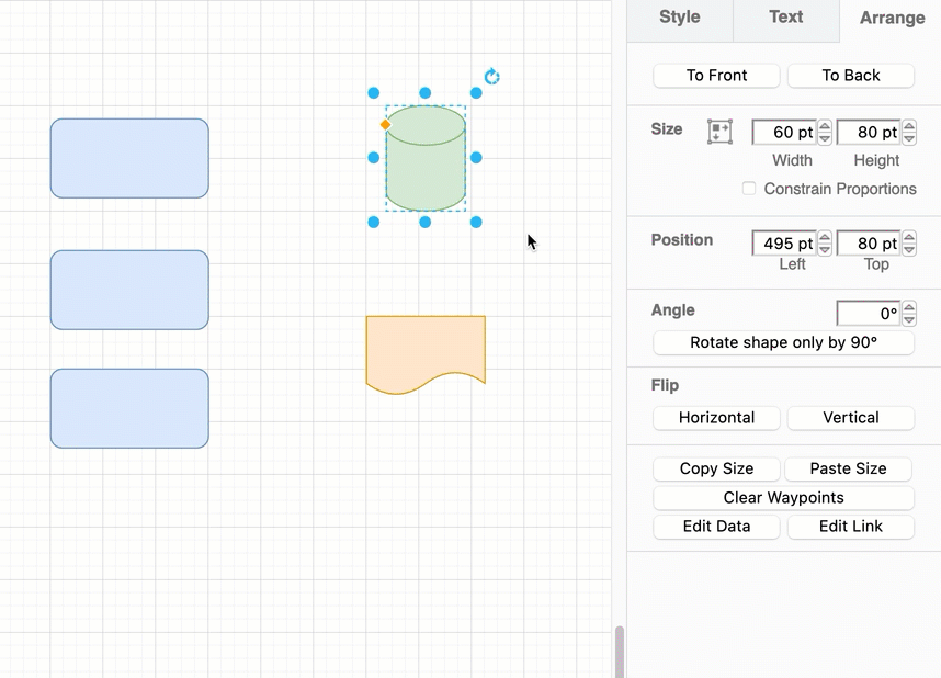 Drag the grab handles of selected shapes or enter a new exact Size in the Arrange tab of the format panel to resize shapes