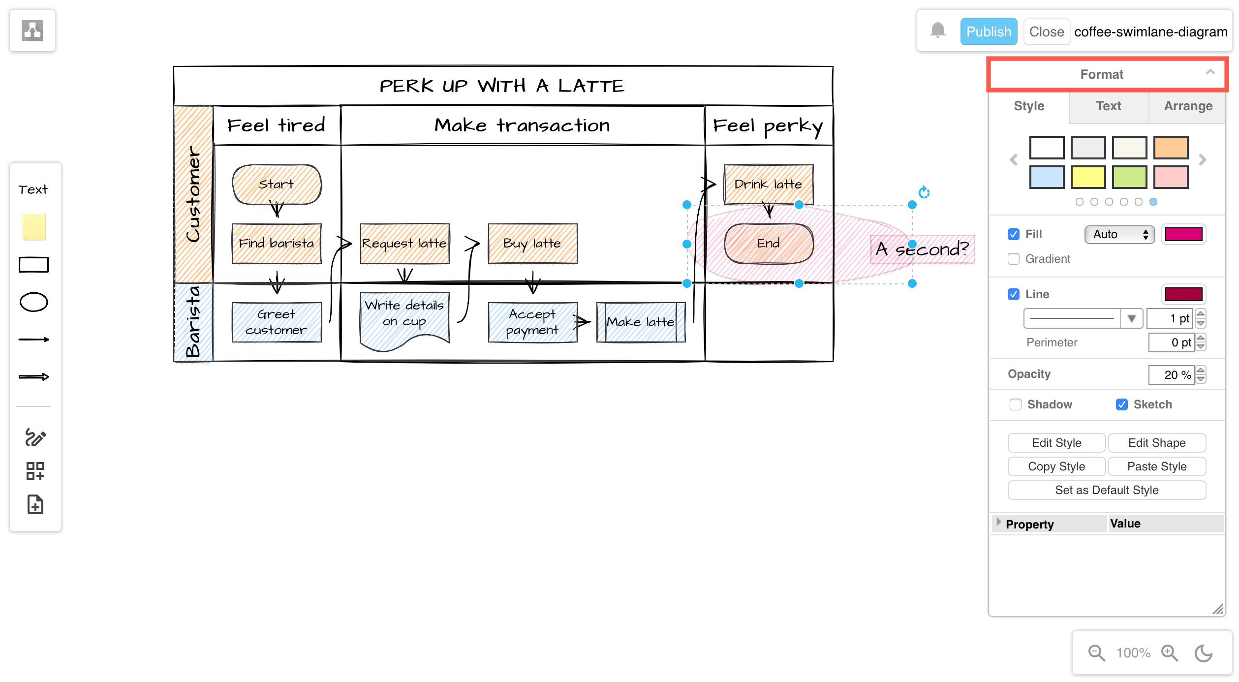 Click on the Format panel's title to open it and style shapes, text and connectors in a draw.io Sketch diagram