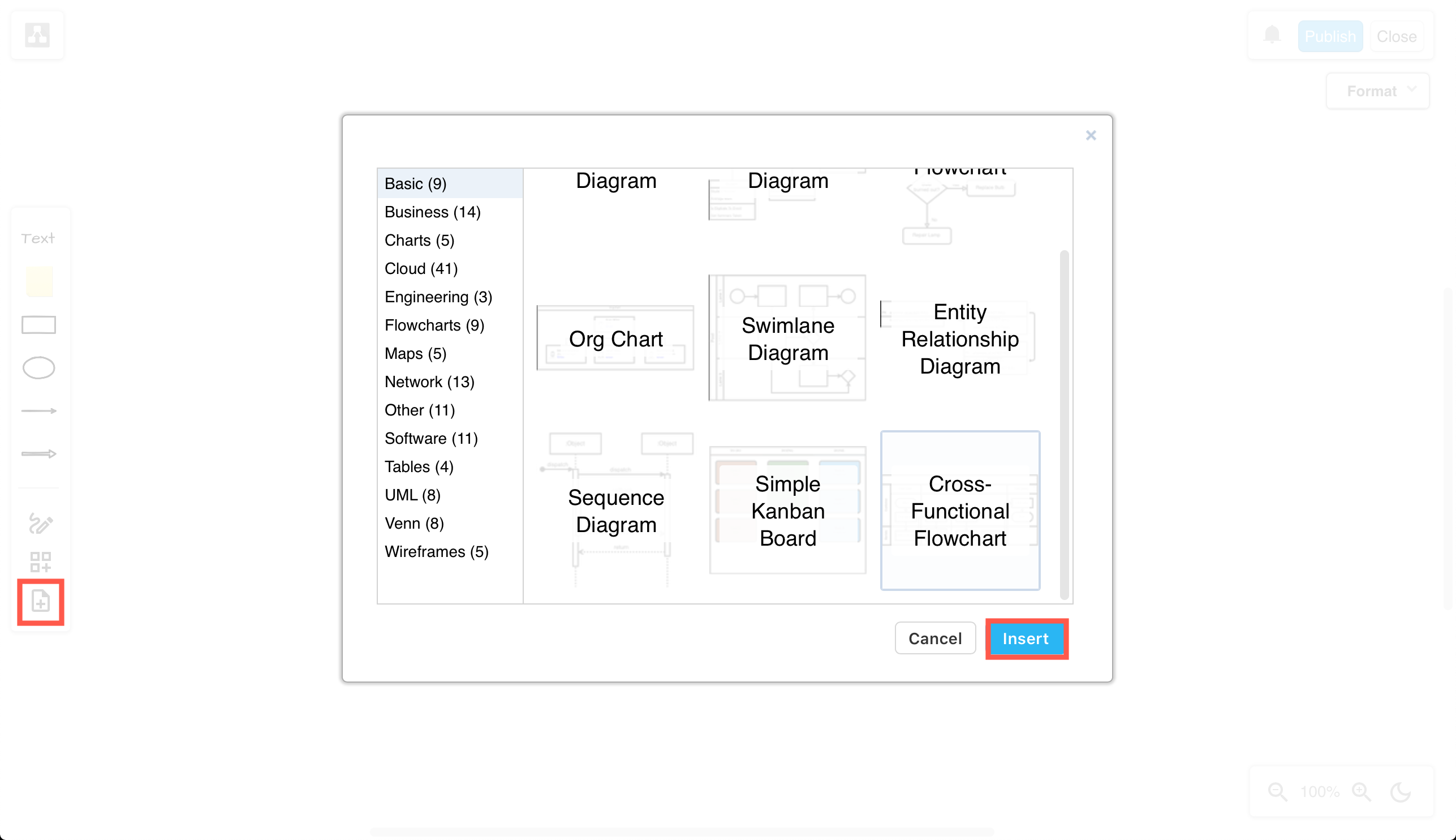 Select a diagram template and click Insert to add it to the drawing canvas in a draw.io Sketch diagram in Confluence Cloud