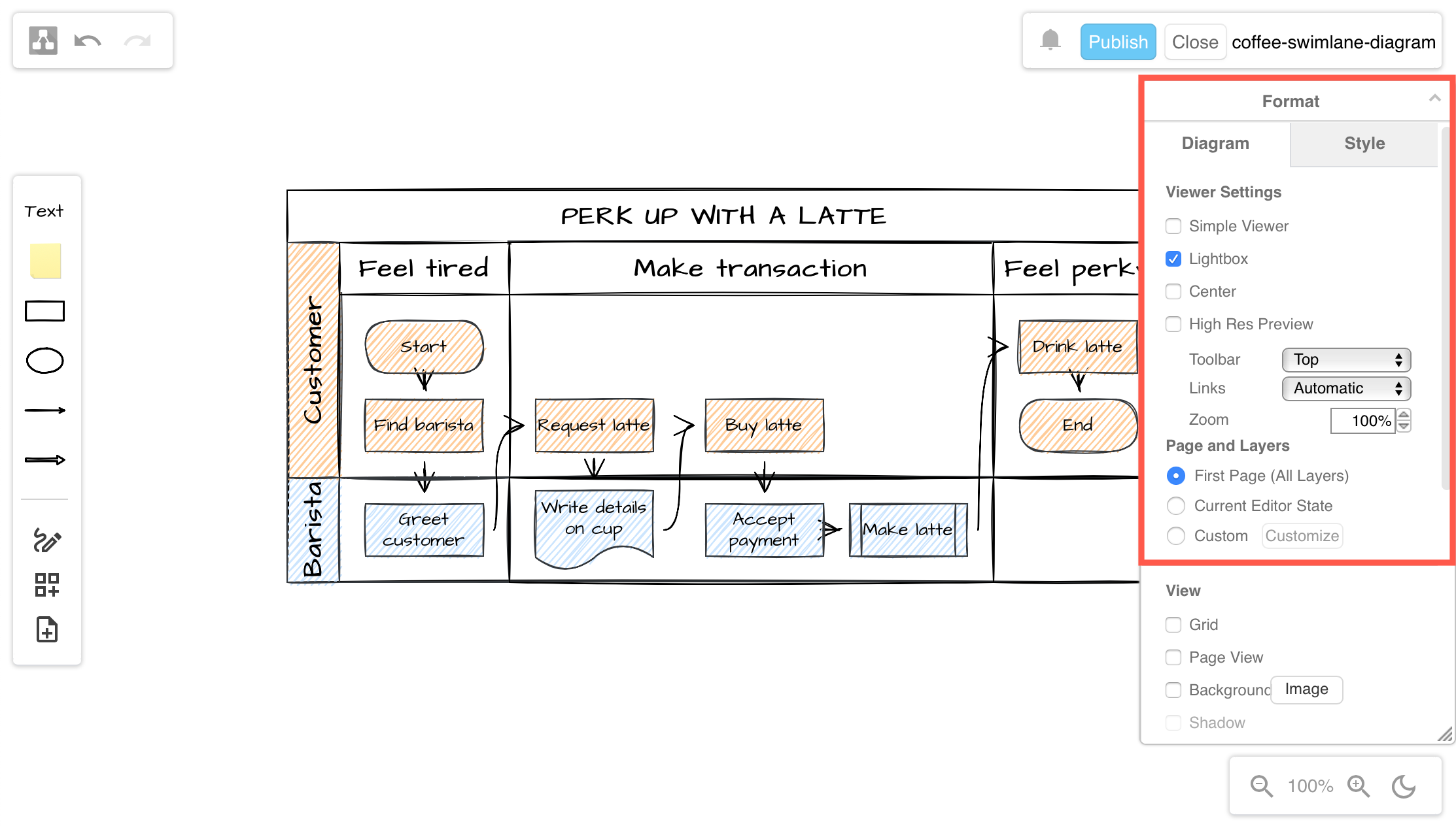 Set the viewer options within the draw.io Sketch editor to change how your diagram appears on the Confluence page