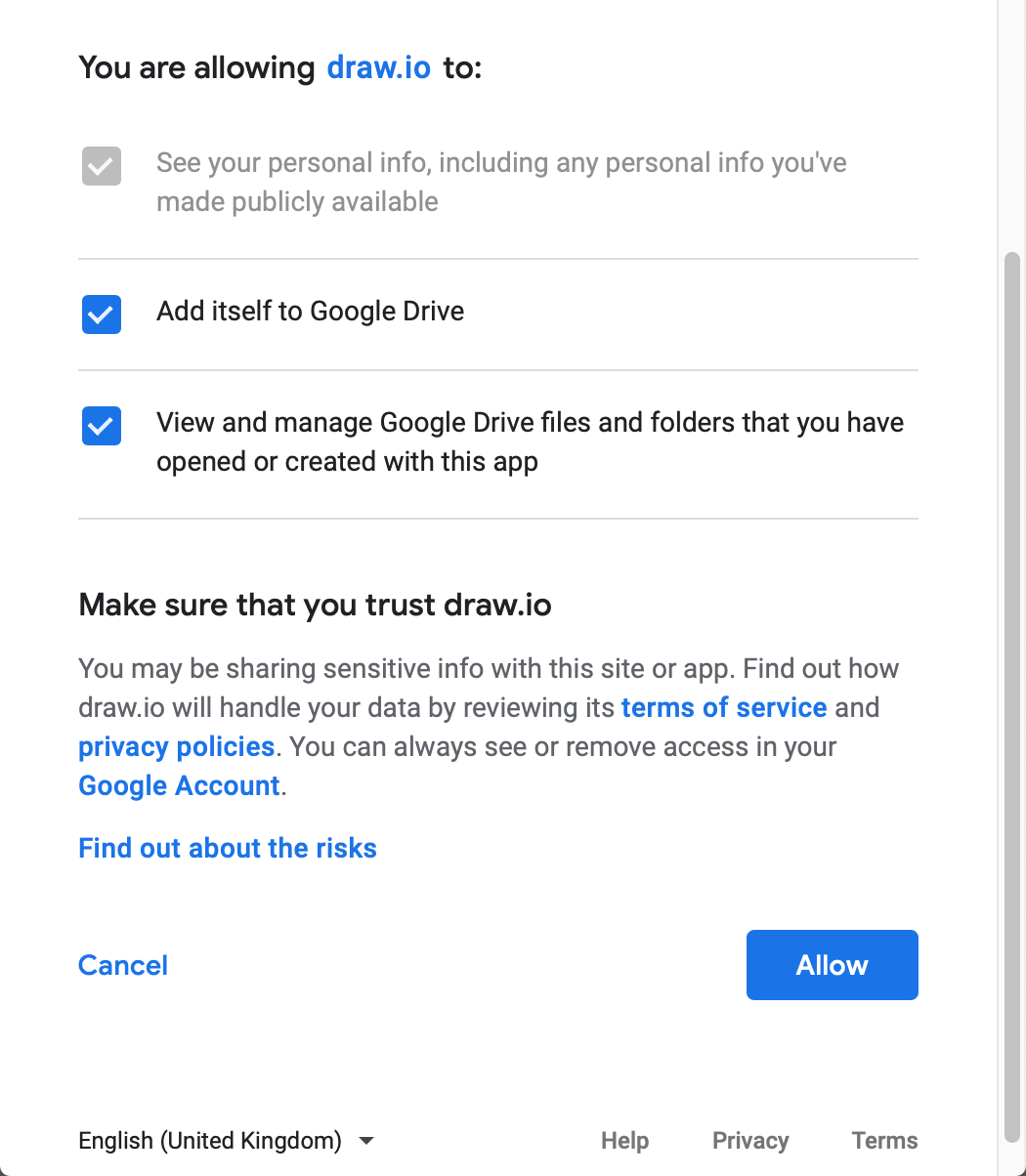 Authorise diagrams.net to read and store diagrams in your Google Drive