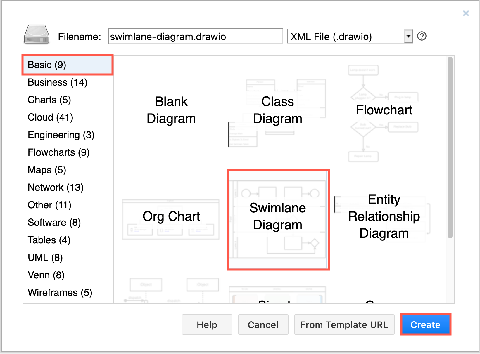 Select the basic swimlane diagram template to work with it in diagrams.net