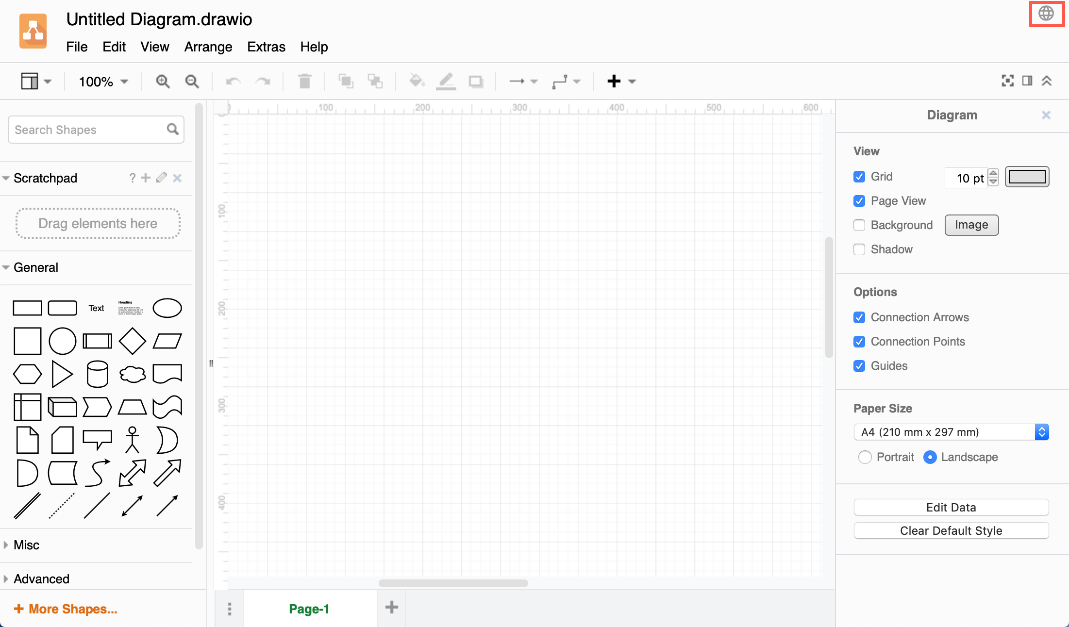 Click the globe icon in the top right corner to change languages