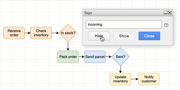 Use the Tags dialog to show and hide shapes with tags