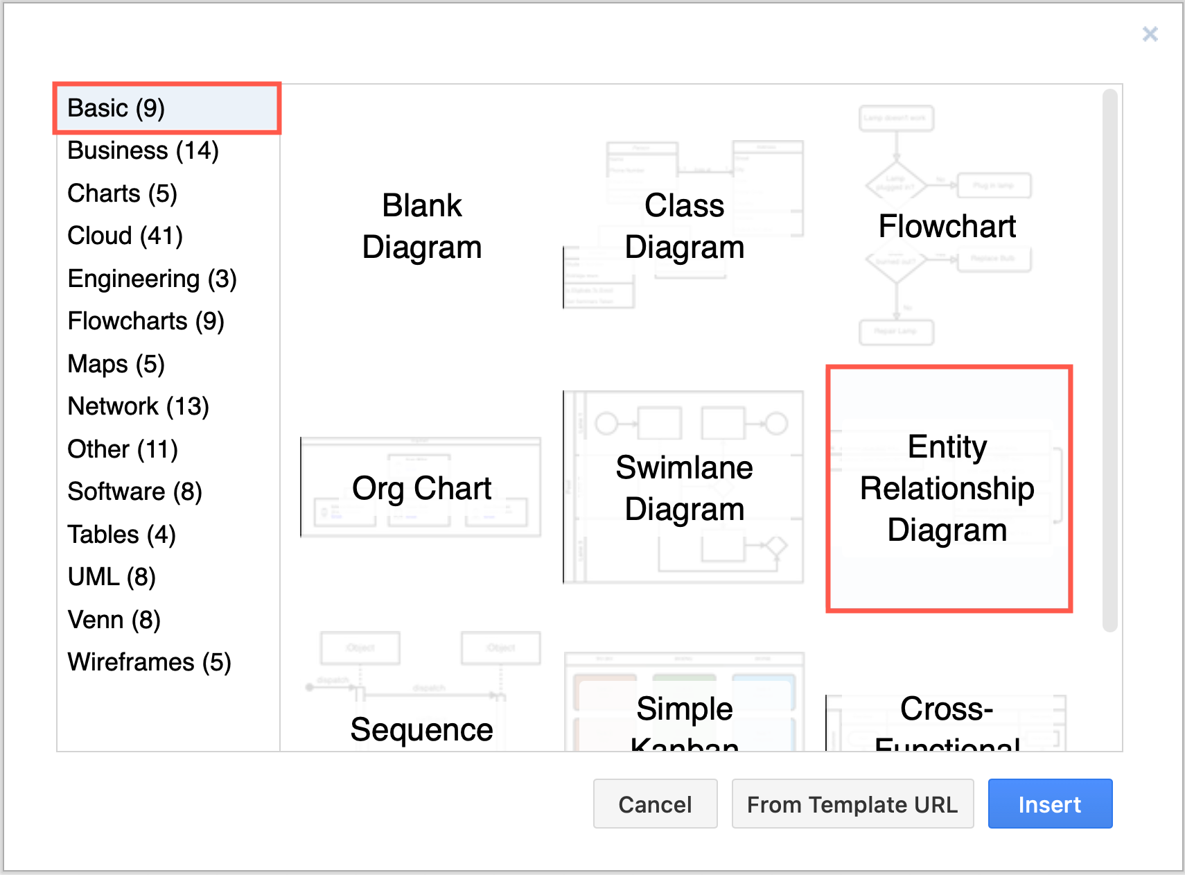 Select the basic Entity Relationship Diagram template in the diagrams.net template manager