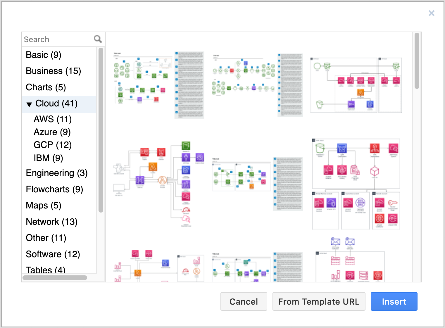 Open the template library dialog to see a wide range of diagram templates in diagrams.net