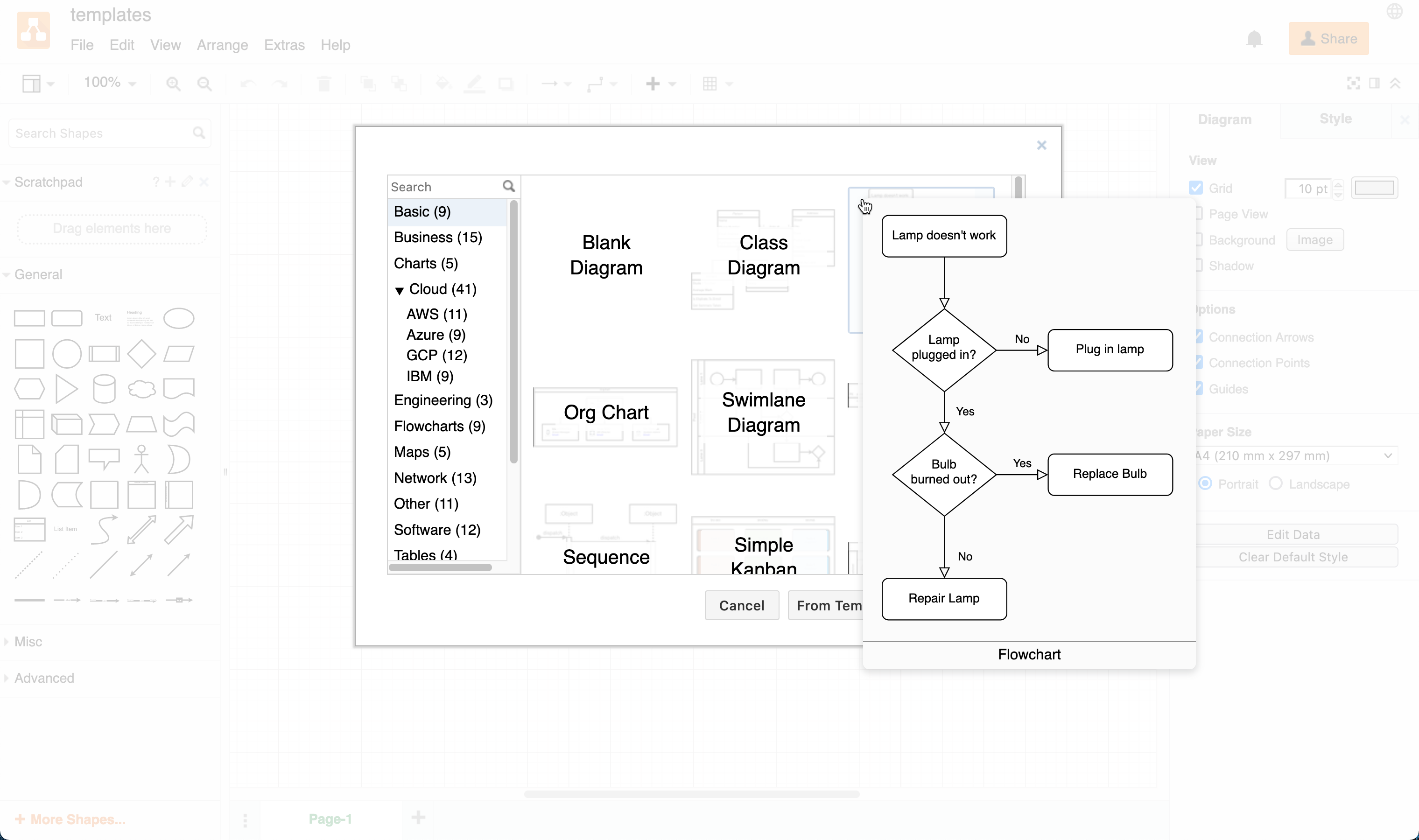 Hover over a template in diagrams.net to see a larger preview of it