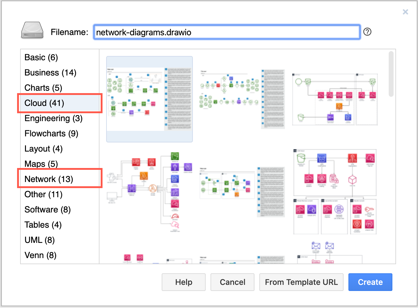 Network diagrams in the templates at diagrams.net